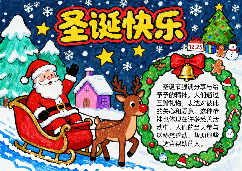 彩色卡通手绘圣诞老人圣诞节英文手抄报小学生手抄报