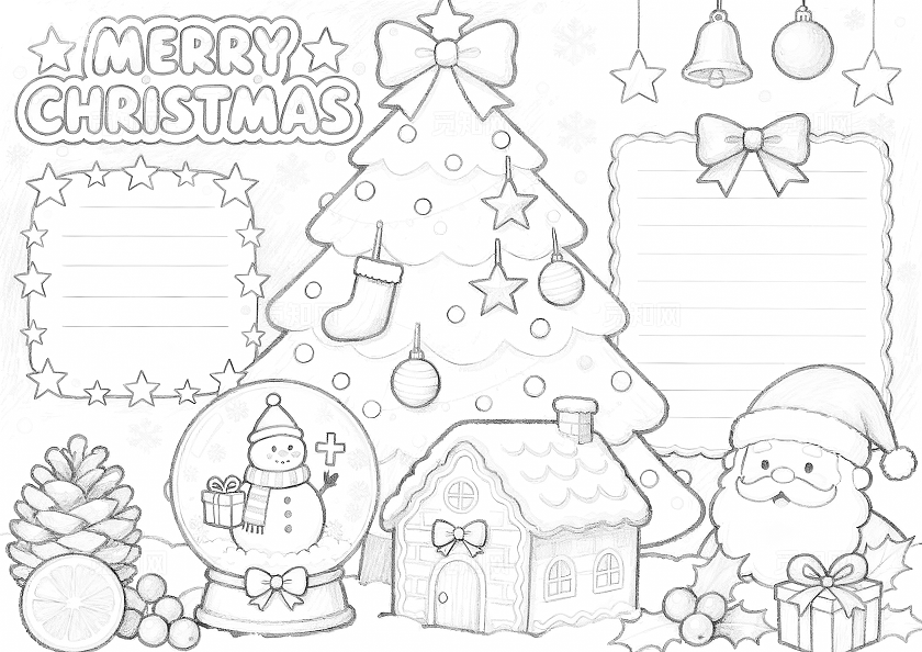 彩色卡通手绘圣诞节英语小报手抄报小学生手抄报