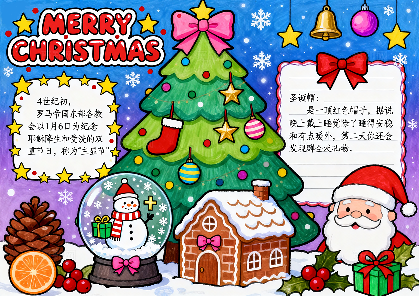 彩色卡通手绘圣诞节英语小报手抄报小学生手抄报