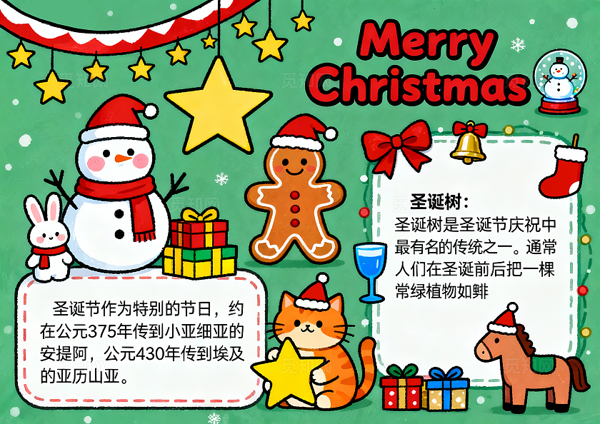 绿色卡通手绘圣诞节英语小报手抄报小学生手抄报