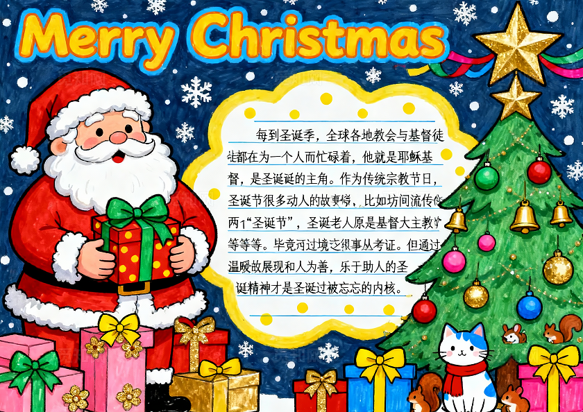 彩色卡通手绘圣诞节英语小报手抄报小学生手抄报