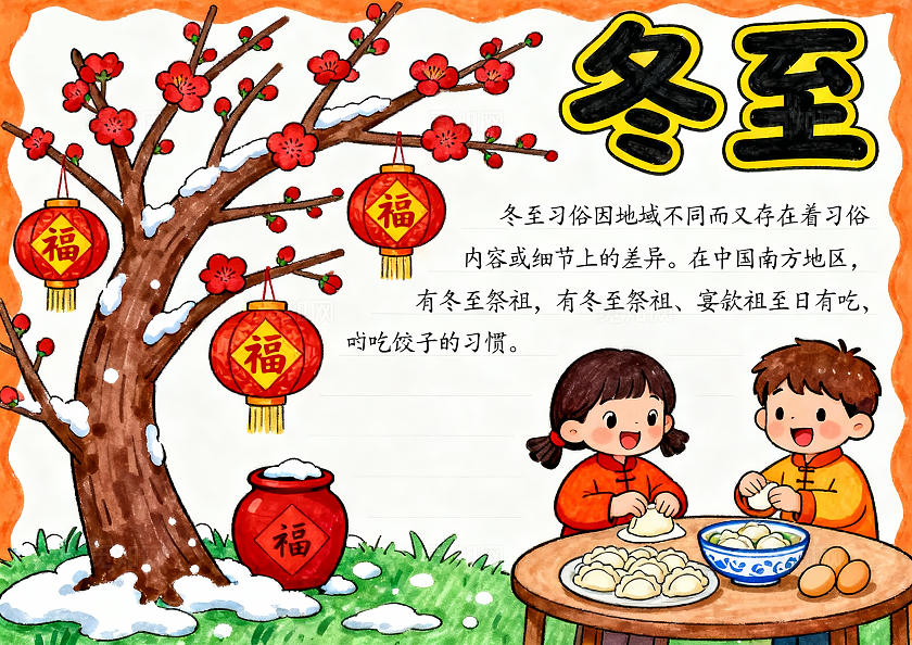 橘色卡通手绘冬至小报手抄报小学生手抄报