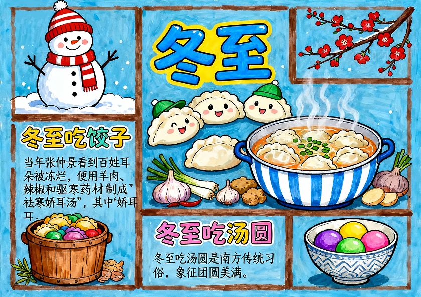 蓝色卡通手绘冬至习俗小报手抄报小学生手抄报
