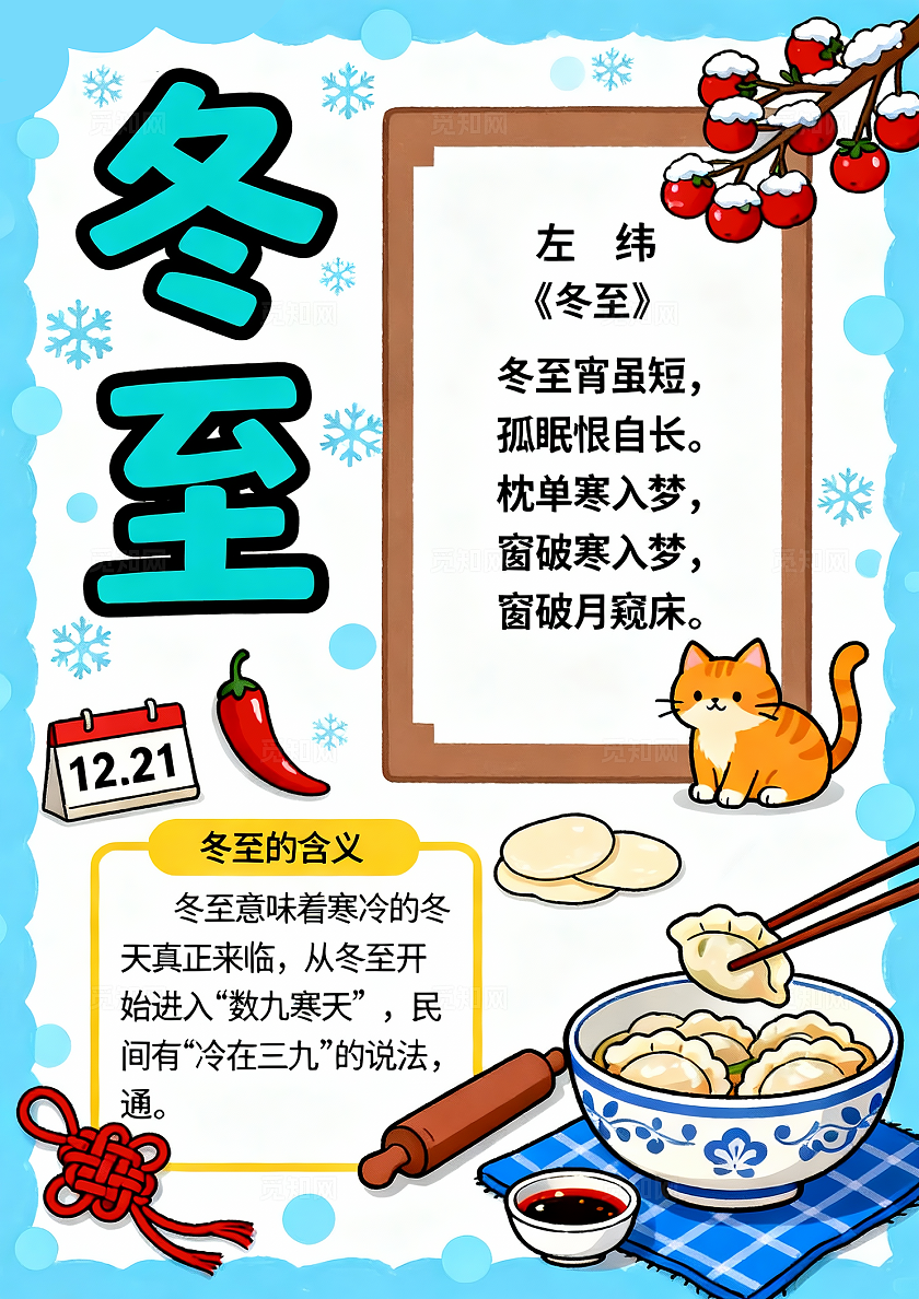 蓝色卡通手绘冬至习俗小报手抄报小学生手抄报