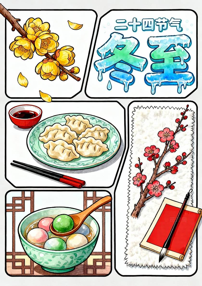 彩色卡通手绘冬至习俗小报手抄报小学生手抄报