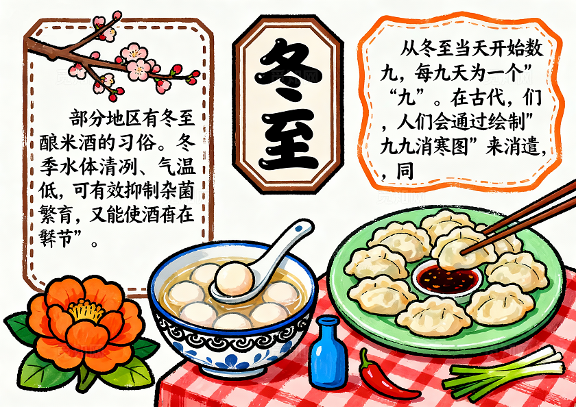 彩色卡通手绘冬至习俗手抄报小报小学生手抄报