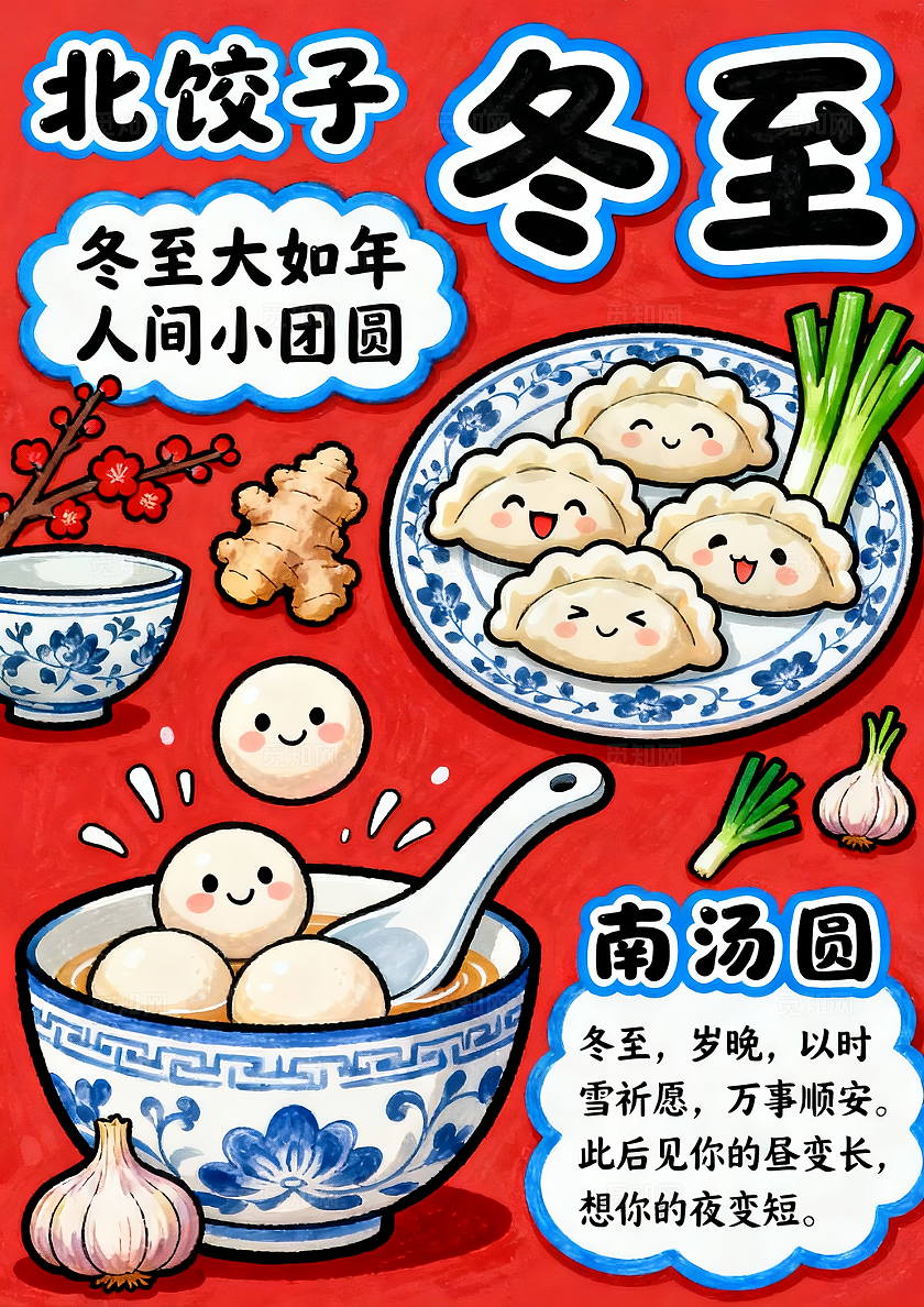 红色卡通手绘冬至吃饺子小报手抄报小学生手抄报