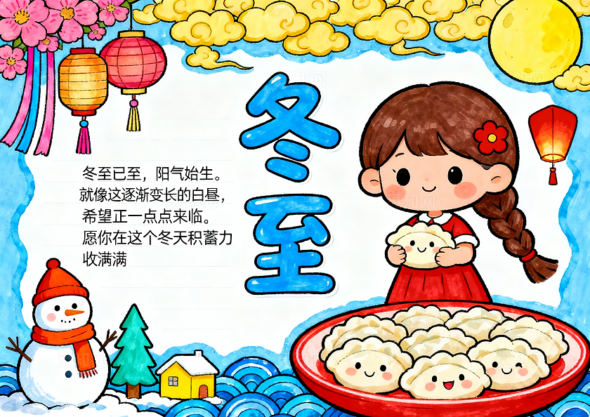 彩色卡通手绘冬至吃饺子小报手抄报小学生手抄报