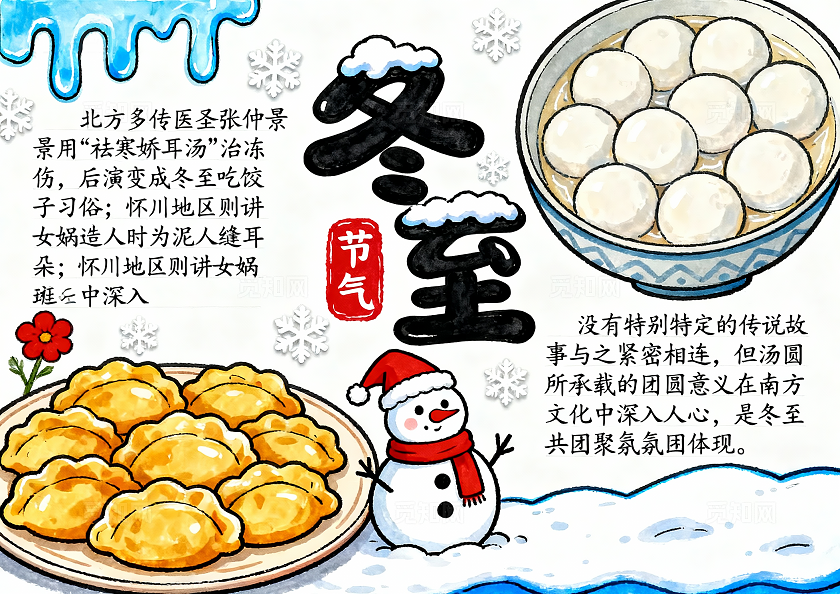彩色卡通手绘冬至吃饺子小报手抄报小学生手抄报