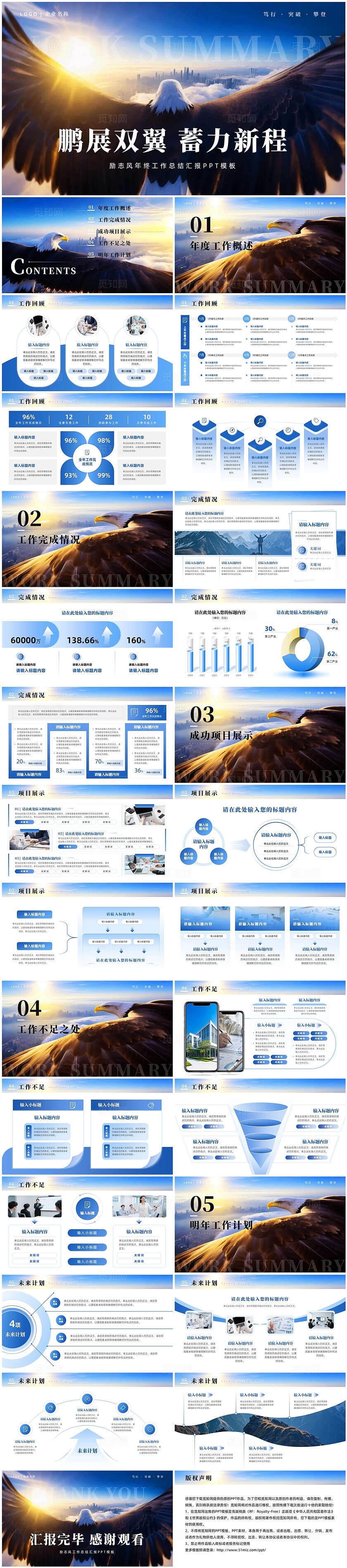 蓝色励志商务鹏展双翼蓄力新程年终总结年终工作总结PPT模板工作总结