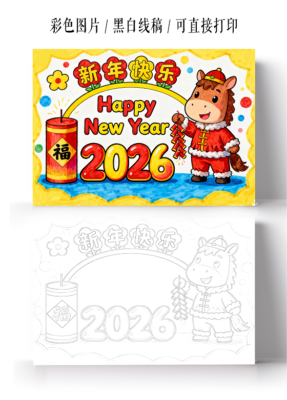 元旦黄色卡通手绘2026新年快乐手抄报小报小学生手抄报