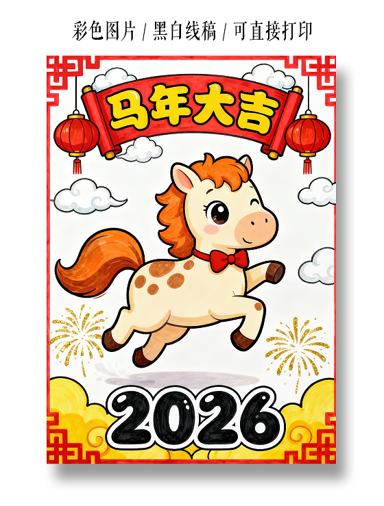 元旦彩色卡通手绘2026马年大吉新年贺卡小报手抄报小学生手抄报