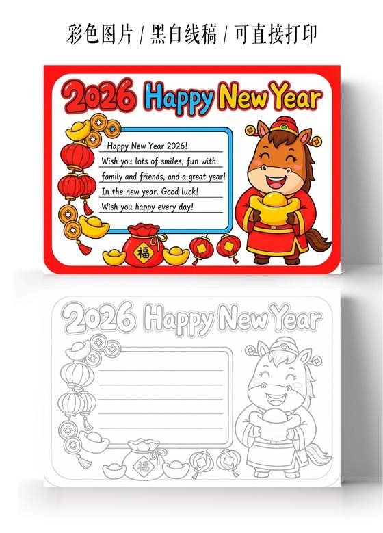 彩色卡通手绘马年英语小报手抄报新年