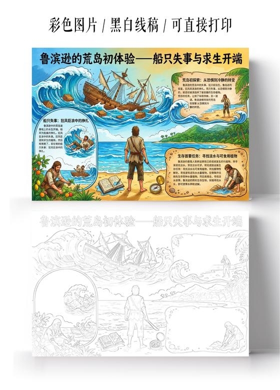 彩色卡通手绘鲁滨逊漂游记小报手抄报