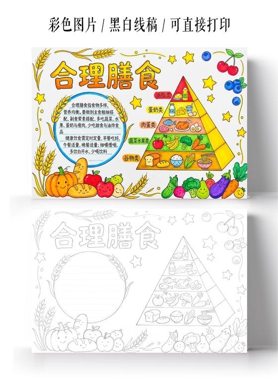 彩色卡通手绘合理膳食小报手抄报