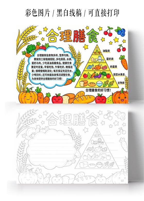 彩色卡通手绘合理膳食小报手抄报