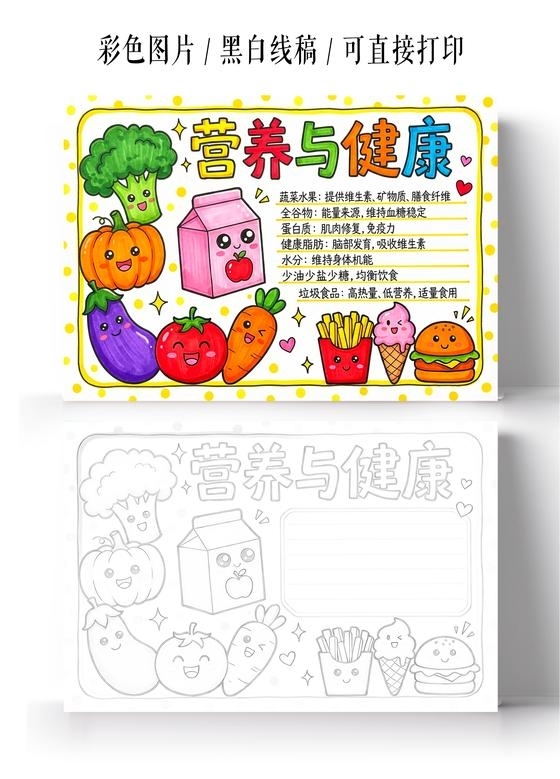 彩色卡通手绘营养与健康小报手抄报