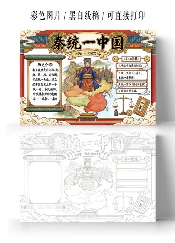 彩色卡通手绘秦统一中国小报手抄报