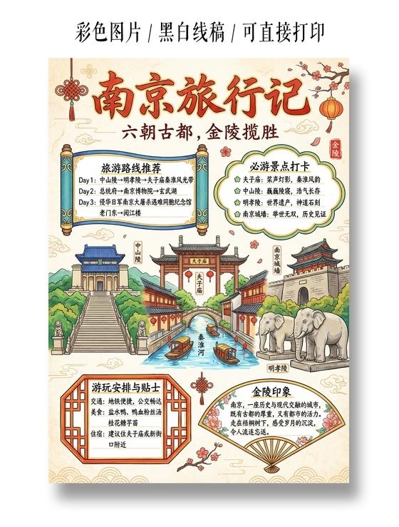 彩色卡通手绘南京旅行记小报手抄报