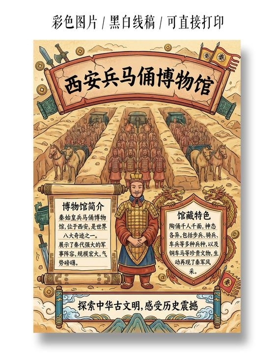彩色卡通手绘西安兵马俑博物馆小报手抄报