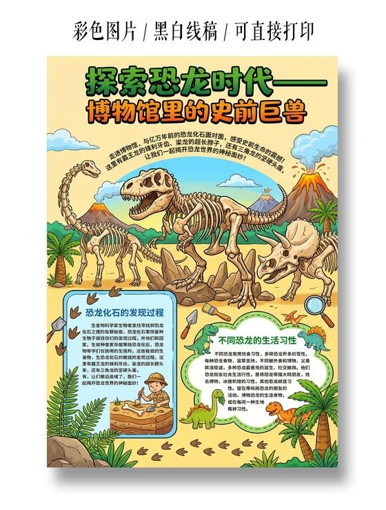 彩色卡通手绘探索恐龙时代博物馆里的史前巨兽小报手抄报
