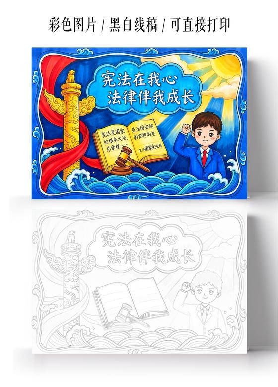 道德与法治彩色卡通手绘宪法在我心法律伴我成长小报手抄报