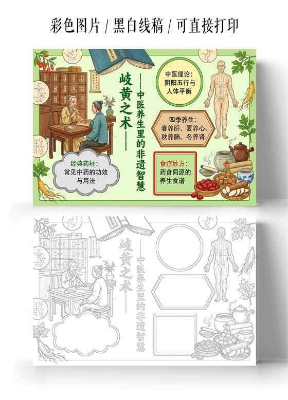 彩色卡通手绘中医养生里的非遗智慧小报手抄报