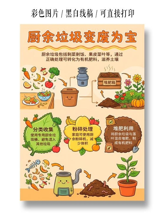 彩色卡通手绘厨余垃圾变废为宝小报手抄报