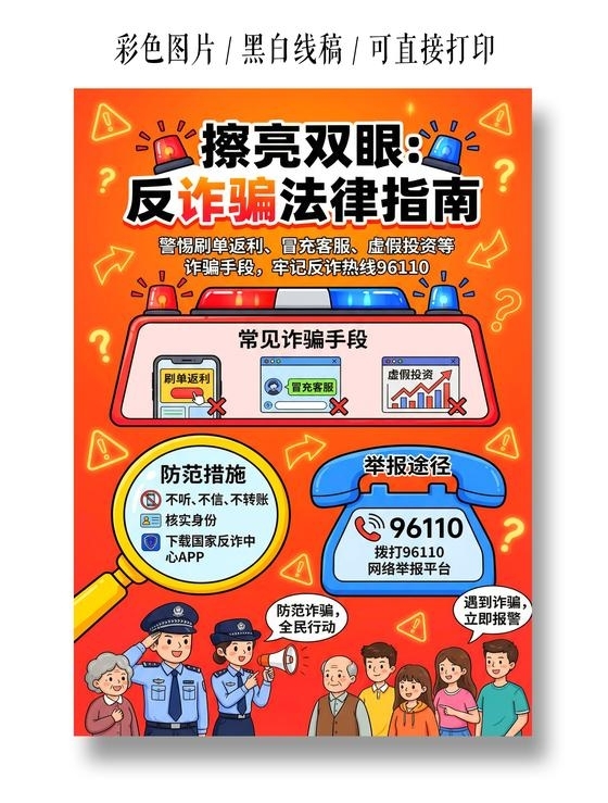 道德与法治彩色卡通手绘擦亮双眼反诈骗法律指南小报手抄报