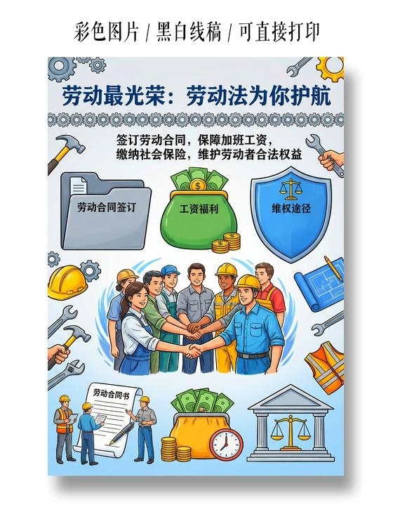 彩色卡通手绘劳动法为你护航小报手抄报