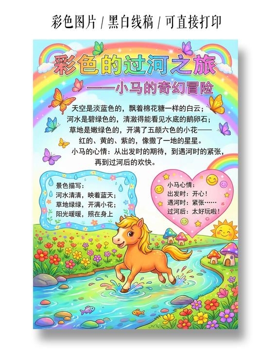 彩色卡通手绘彩色的过河之旅 小马的奇幻冒险小报手抄报