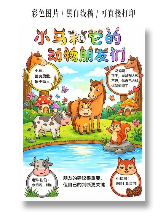 彩色卡通手绘小马和它的动物朋友们小报手抄报