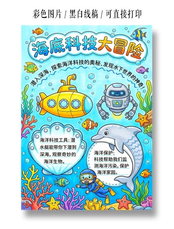 彩色卡通手绘海底科技大冒险手抄报小报