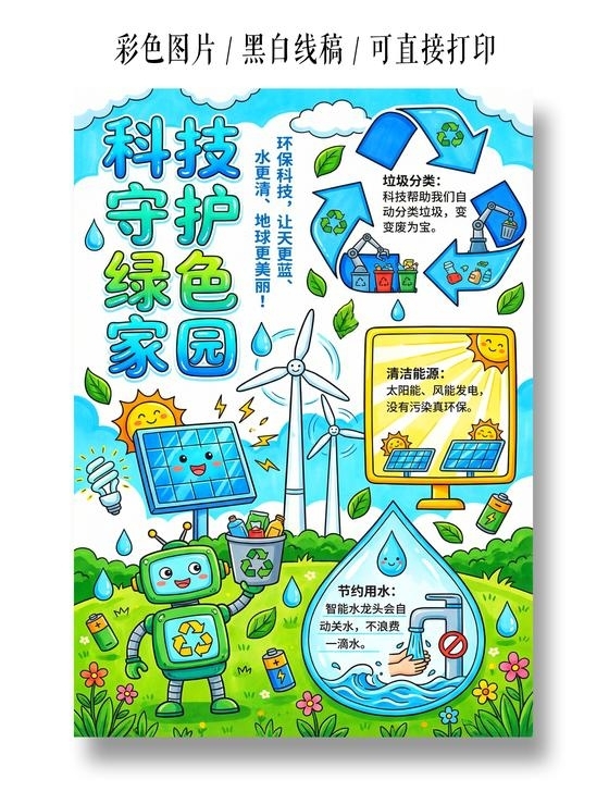 彩色卡通手绘科技守护绿色家园小报手抄报