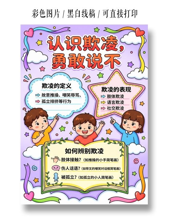 彩色卡通手绘认识欺凌勇敢说不小报手抄报