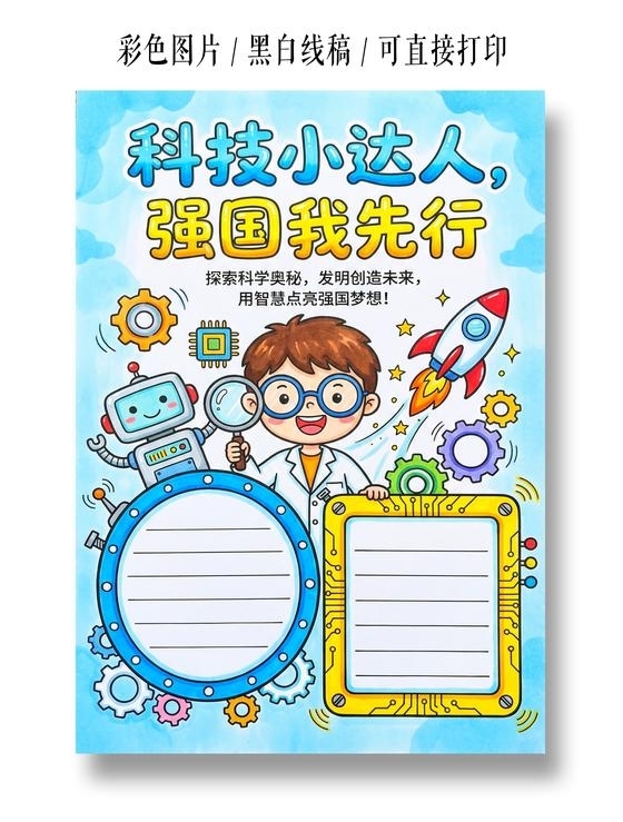 彩色卡通手绘科技小达人强国我先行小报手抄报