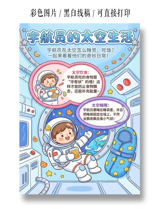 彩色卡通图手绘宇航员的太空生活小报手抄报