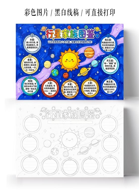 彩色卡通手绘行星家族图鉴小报手抄报