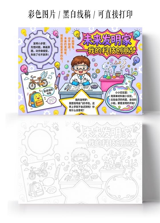 彩色卡通手绘未来发明家小报手抄报航天科技未来