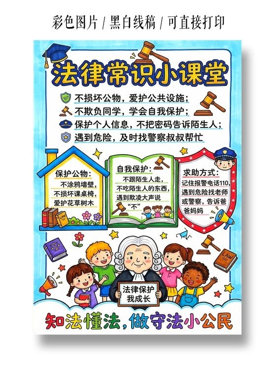 道德与法治彩色卡通手绘法律常识小课堂小报手抄报