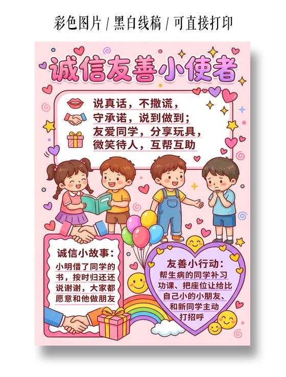 彩色卡通手绘诚信友善小使者小报手抄报