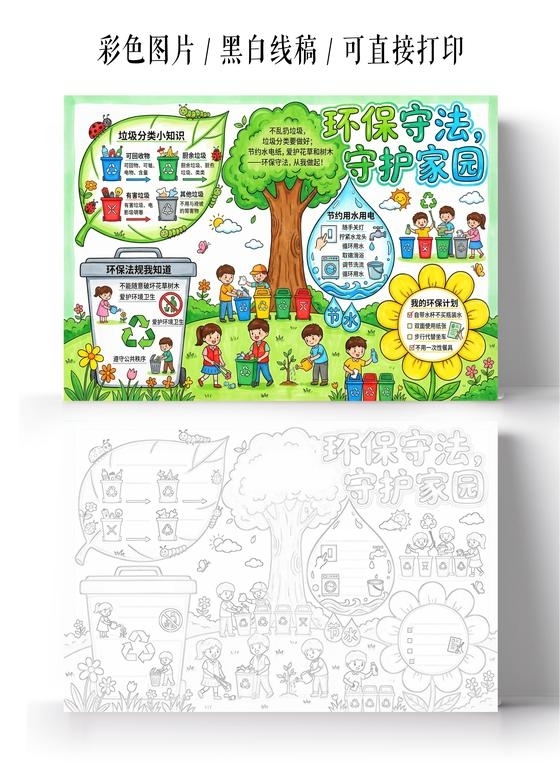 彩色卡通手绘环保守法守护家园小报手抄报