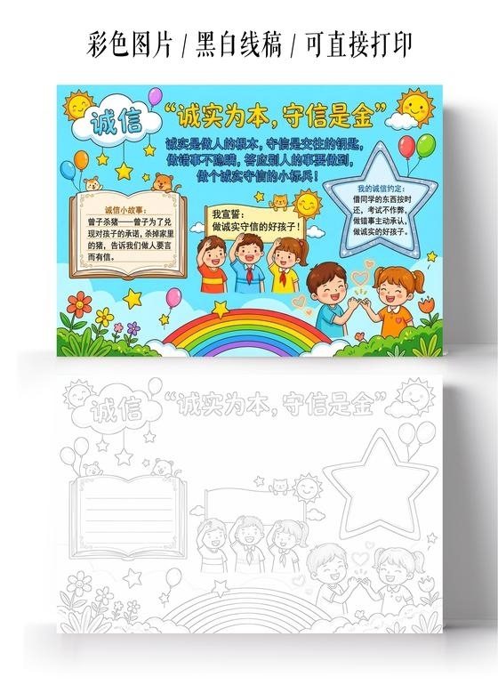 彩色卡通手绘诚实为本守信是金小报手抄报