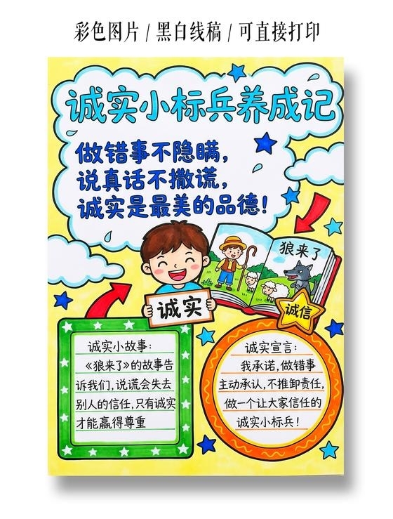 彩色卡通手绘诚实小标兵养成记小报手抄报