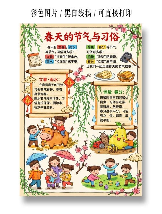 彩色卡通手绘春天的节气与习俗小报手抄报