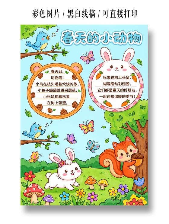 彩色卡通手绘春天的小动物小报手抄报