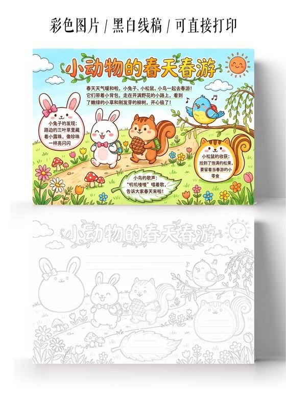 彩色卡通手绘小动物的春天春游小报手抄报