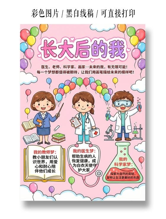 彩色卡通手绘长大后的我小报手抄报