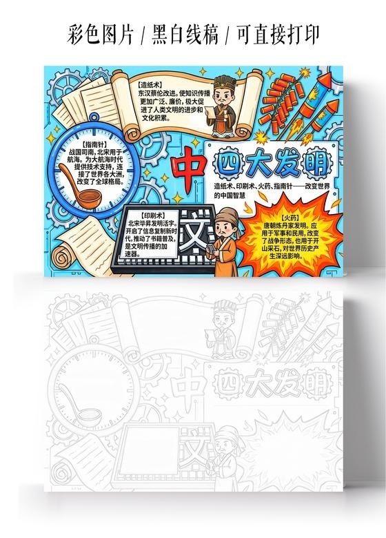 彩色卡通手绘四大发明小报手抄报