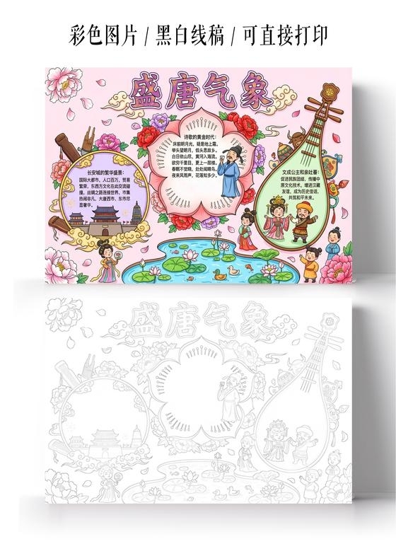 彩色卡通手绘盛唐气象小报手抄报